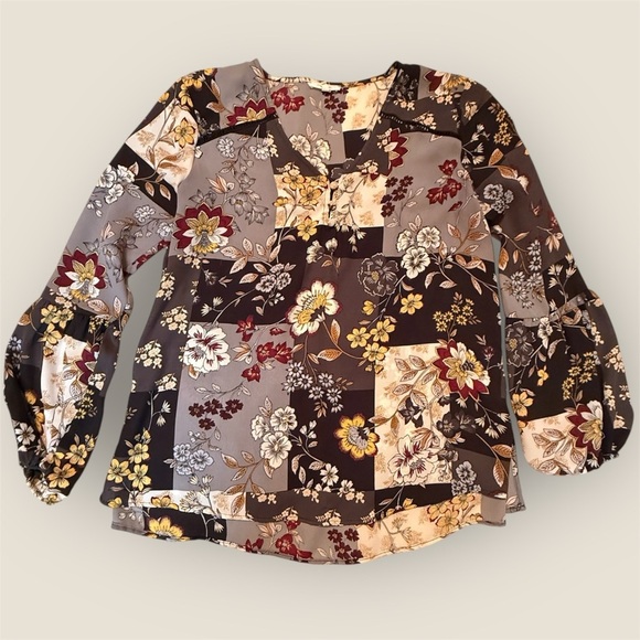 Maurices Tops - Maurices Patchwork Floral Blouse - Black, Gray, Cream
